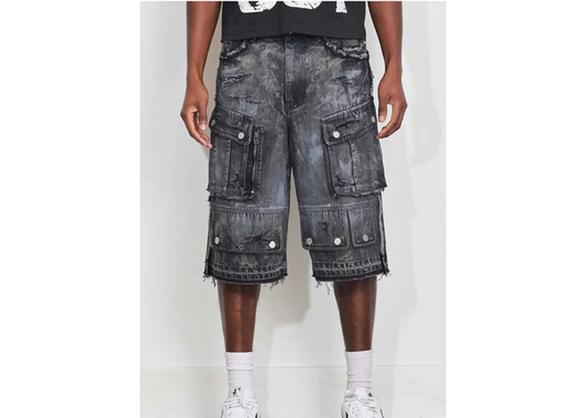 Washed Multi Cargo Denim Jorts Stone