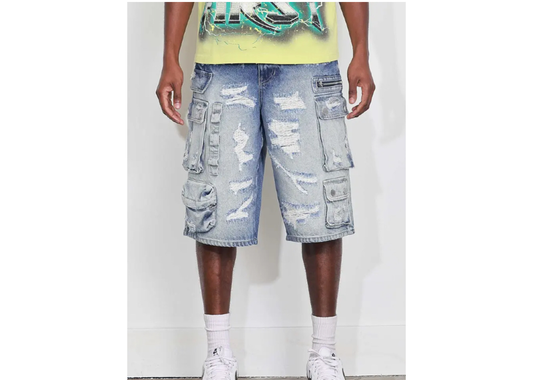 Washed Multi Cargo Denim Jorts Medium Blue