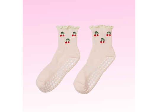 Cherry Ruffle Grip Socks - Baby Pink
