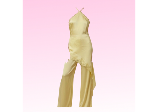 Satin Lace Halter Jumpsuit - Yellow