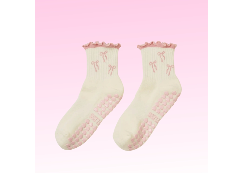 Bow Ruffle Grip Socks - Soft Pink