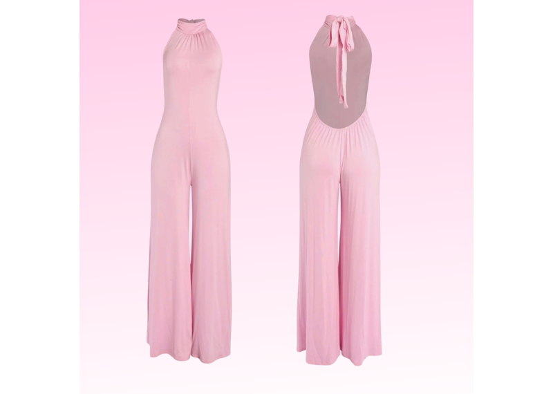 Wrapped Neck Backless Jumpsuit - Pink