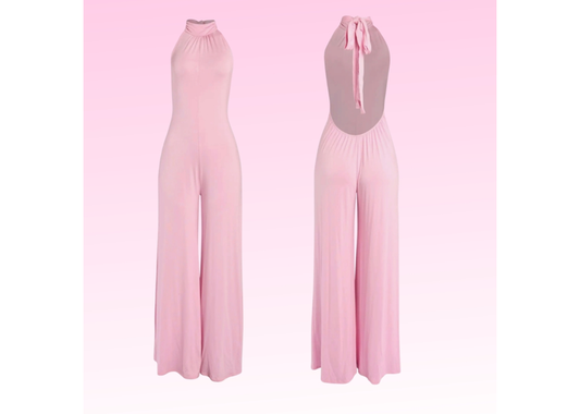 Wrapped Neck Backless Jumpsuit - Pink