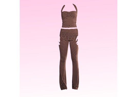 Polka Dot Halter Top Pant Set - Brown