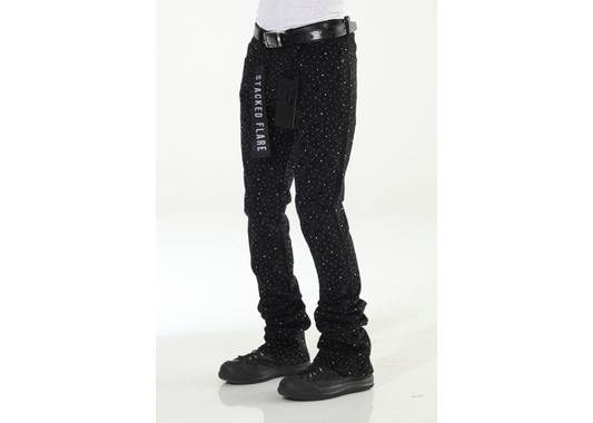 Rhinestone Black Stacked Flare Twill Pants
