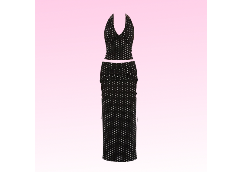 Polka Dot Halter Top Skirt Set - Black