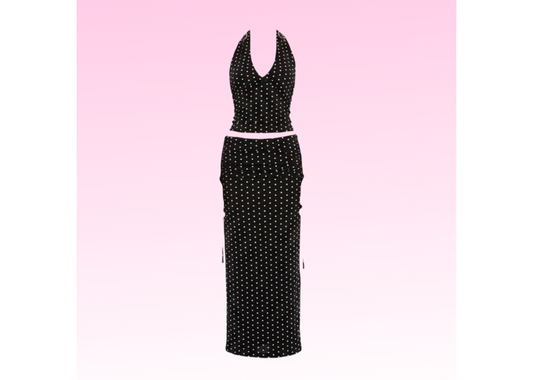 Polka Dot Halter Top Skirt Set - Black