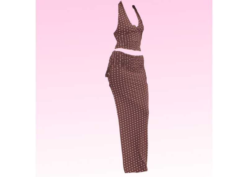 Polka Dot Halter Top Skirt Set - Brown