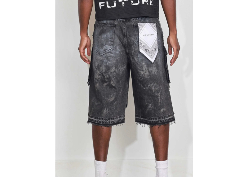 Washed Multi Cargo Denim Jorts Stone