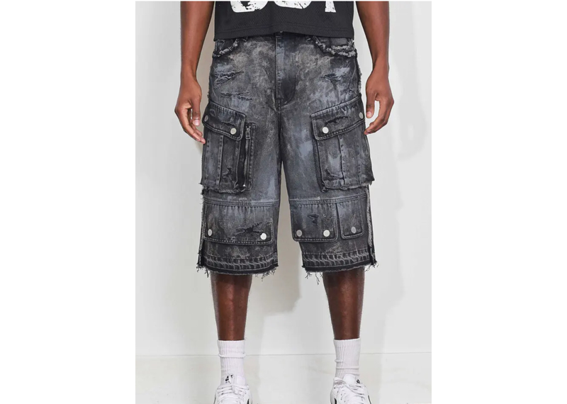 Washed Multi Cargo Denim Jorts Stone