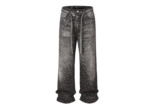 Baggy Rhinestone Denim Pants Washed Black