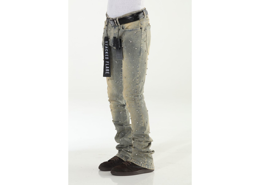 Diamond Studded Blue/Khaki Stacked Flare
