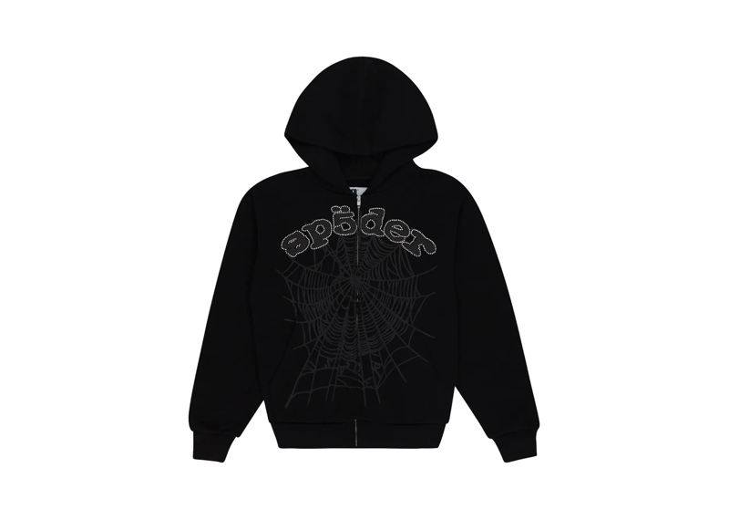 Sp5der x Young Thug Rhinestone Zip-Up Hoodie Black
