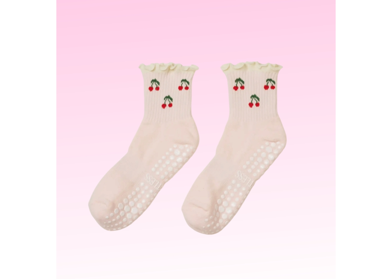 Cherry Ruffle Grip Socks - Baby Pink