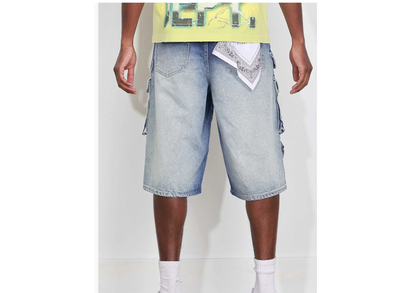 Washed Multi Cargo Denim Jorts Medium Blue