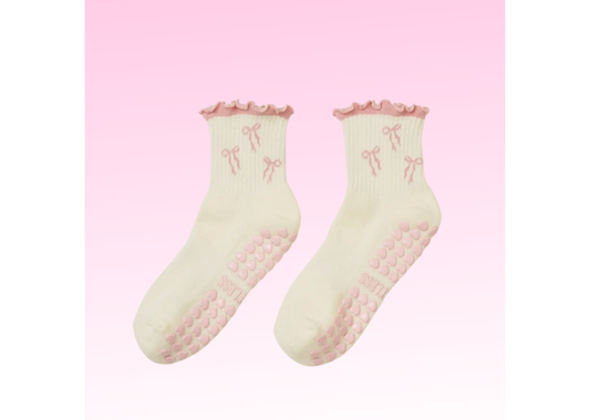 Bow Ruffle Grip Socks - Soft Pink