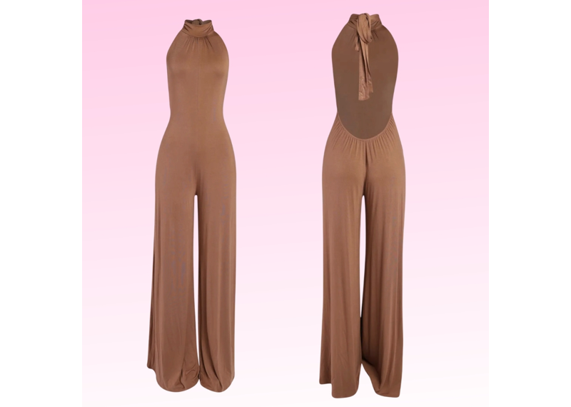 Wrapped Neck Backless Jumpsuit - Cocoa